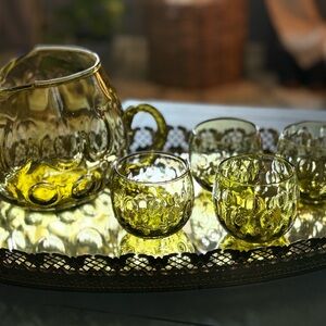 VTG 1960s Empoli olive green handblown art glass pitcher and cup set.